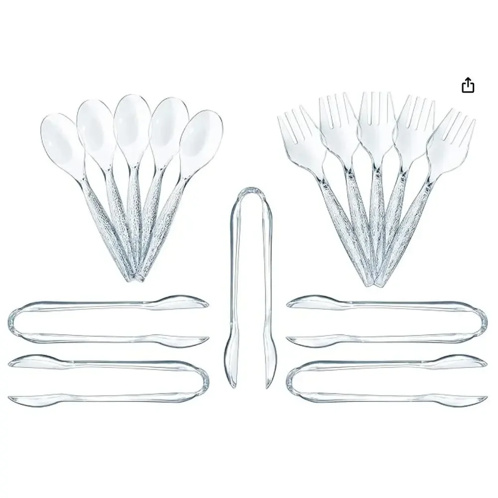 15 Pack Transparent Plastic Disposable Serving Utensils Set-Spoons, Tongs, Forks